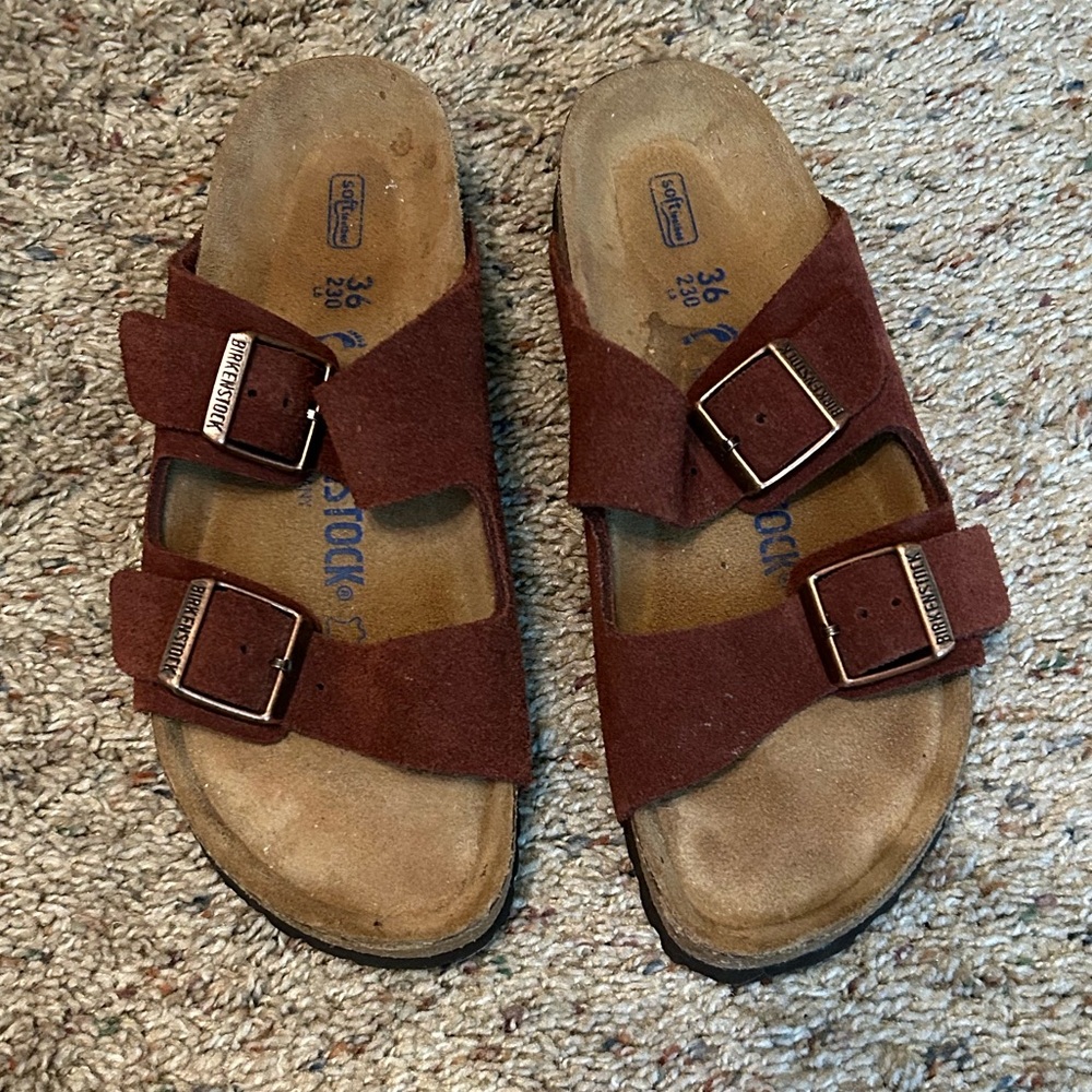 Birkenstock Sandals. Burgundy, Suede.  Size 36.
